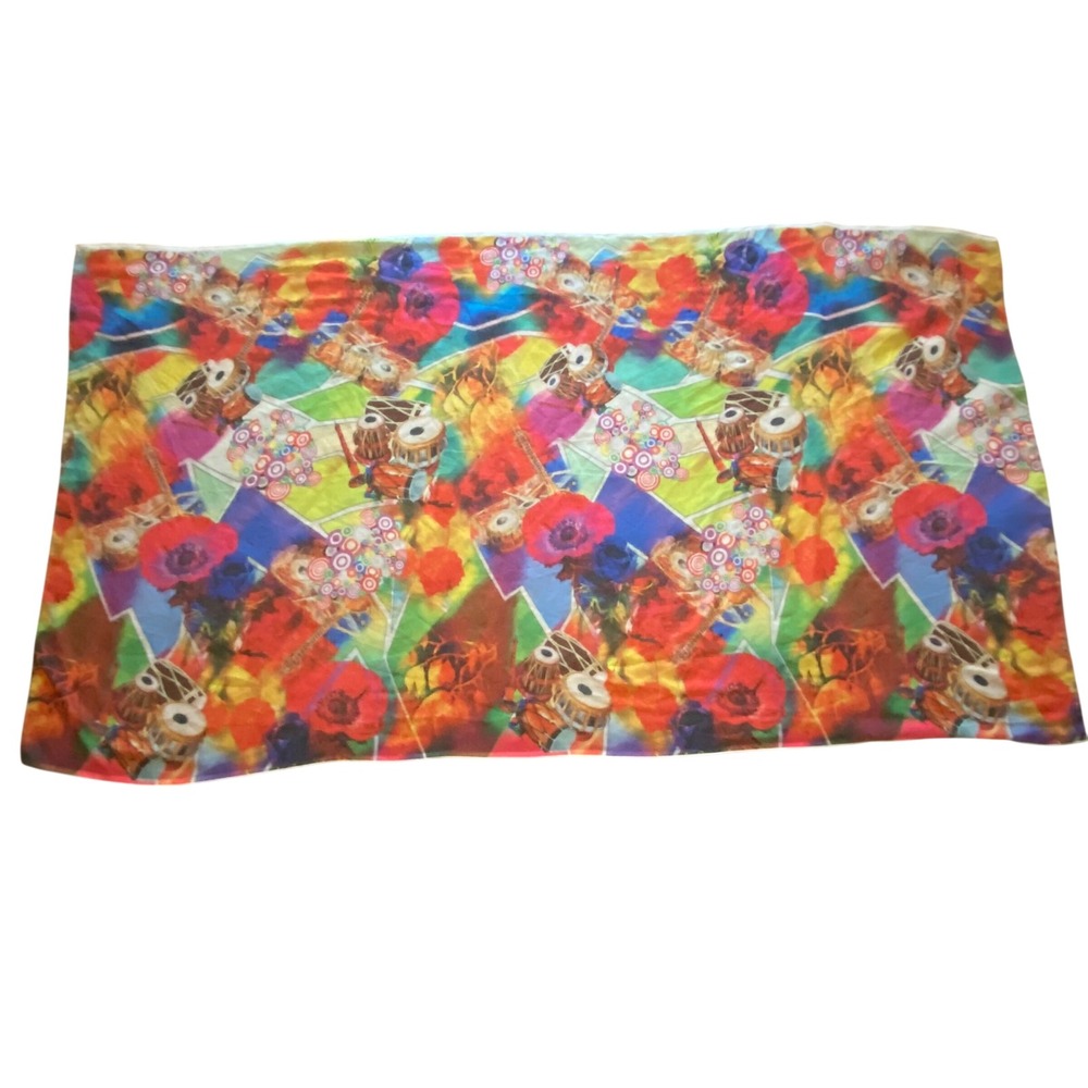 Vibrant Multicolor Musical Instrument Poppy Print Scarf Sheer Artistic Shawl